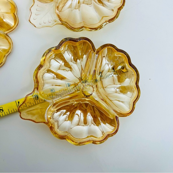 Jeanette Glass Marigold MCM Carnival Glass Candy 3-Section Leaf Clover Dish Vtg - Picture 5 of 10